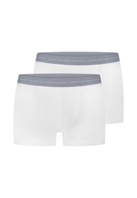 Boxers en coton blancs avec une taille grise portant un texte blanc qui dit "J'ACCEPTE VOS CONDITIONS DE CONFIDENTIALITÉ." Design simple et élastique.