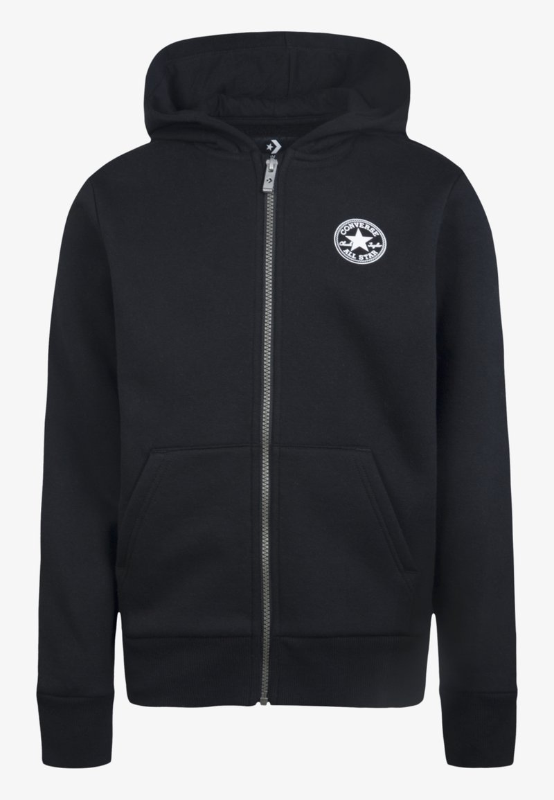 Sweat à capuche noir zippé avec poches avant et logo circulaire blanc Converse All Star sur la poitrine gauche.