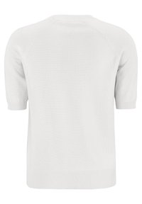 White knit short-sleeve sweater with a round neckline. Features ribbed cuffs and hem. Smooth texture with a loose fit and no visible patterns.