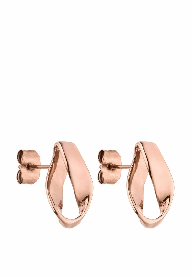 Ohrringe aus roségold mit einem gedrehten Schlaufen-Design, das eine polierte Oberfläche aufweist und einen Schmetterlingsverschluss für einen sicheren Halt bietet.