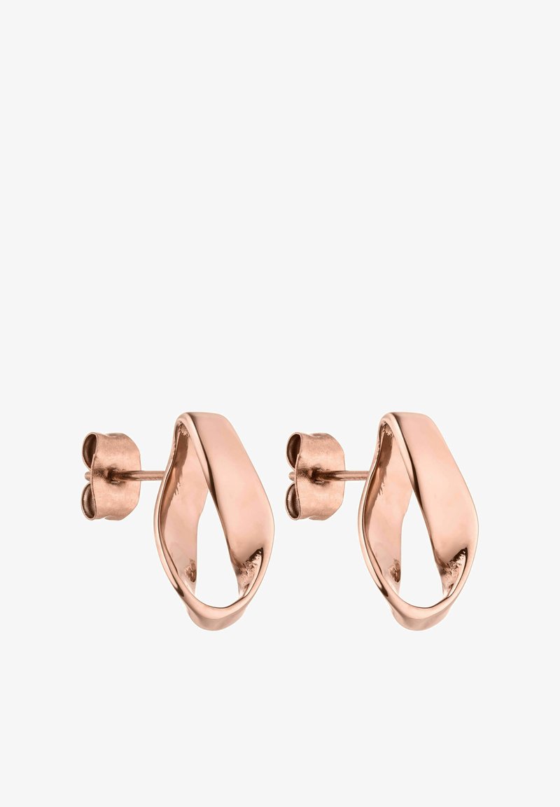 Ohrringe aus roségold mit einem gedrehten Schlaufen-Design, das eine polierte Oberfläche aufweist und einen Schmetterlingsverschluss für einen sicheren Halt bietet.