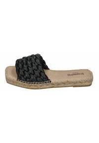 Black woven slide sandal with a braided upper, featuring a jute sole and beige footbed, showcasing a smooth leather texture and flat design.