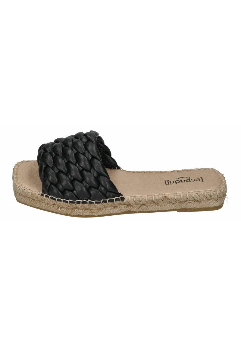 Black woven slide sandal with a braided upper, featuring a jute sole and beige footbed, showcasing a smooth leather texture and flat design.