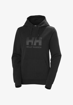 Zwarte hoodie gemaakt van een katoenmix, met een voorste kangoeroezak en een groot mat logo op de borst. Zachte textuur.