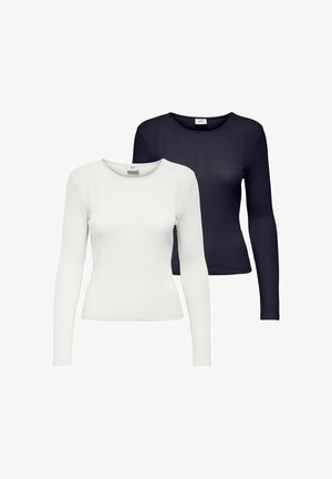 Kaks pikka varrukat särk: üks valge, teine tumesinine. Mõlemal on sooniktekstuur ja ümar kaelus.