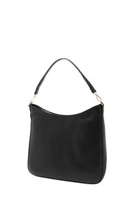 Borsa a tracolla in pelle nera con parte superiore curva, una singola tracolla e dettagli in oro, caratterizzata da una texture liscia e un design minimalista.