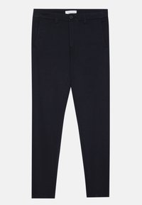 Marinblå byxor i bomullsblandning; slim fit-design med framfickor och knappstängning. Slät textur med subtil stretch.