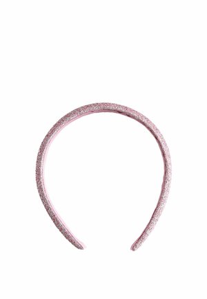 Thin pink glittery headband with a smooth inner lining, shown on a white background.