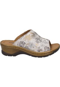 Open-toed wedge sandal with a floral-patterned textile upper in cream, grey, and gold. Textured golden midsole and black rubber outsole.
