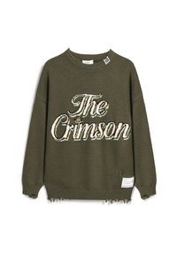 Olivgrüner Strickpullover mit Rundhalsausschnitt, ausgestattet mit einem mehrfarbigen, gestickten Text "The Crimson" und fransigen Saumdetails.