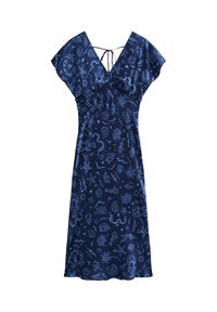 Robe bleu marine avec un décolleté en V, des manches courtes et une fermeture à nouer dans le dos. Décorée de motifs marins bleu clair sur l'ensemble.