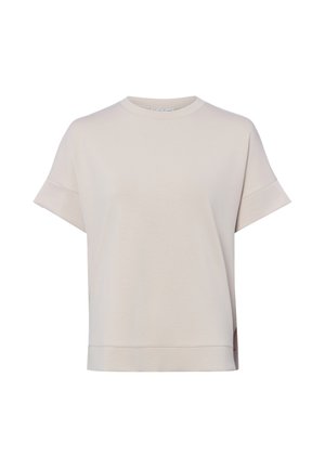 Beige T-shirt met korte mouwen en een ronde hals, brede manchetten en een rechte zoom, afgebeeld tegen een effen witte achtergrond.