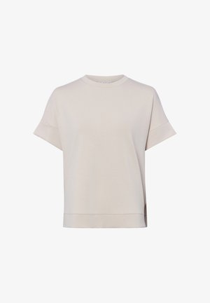 T-shirt beige à manches courtes avec col rond, larges poignets et ourlet droit, présenté sur un fond blanc uni.