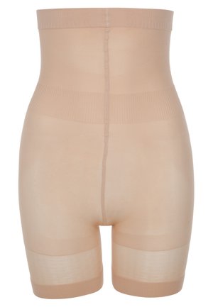 Beige high-waisted shaping shorts made of stretchy nylon, featuring a smooth texture, wide waistband, and sheer lower half.