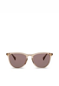 Ronde beige doorschijnende zonnebril met bruin getinte glazen, afgebeeld tegen een witte achtergrond.