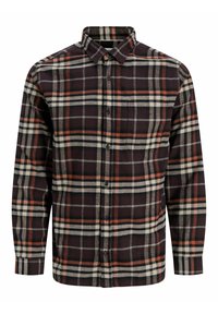 Geruite flanellen overhemd met bordeaux, zwart en crème kleuren, lange mouwen, knoopsluiting en een enkele borstzak.