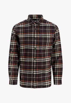 Ruudullinen flanellipaita, jossa burgundin, mustan ja kermaisen värin yhdistelmä, pitkät hihat, nappisuljenta ja yksi rintatasku.