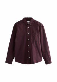 Burgunderfarbenes Langarmhemd mit button-down Kragen, ausgestattet mit einer Brusttasche und weißen Knöpfen auf der Vorderseite. Aus Baumwollmaterial mit glatter Textur.
