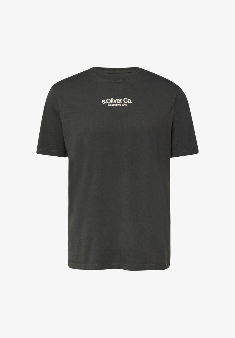 T-shirt noir à manches courtes avec l'inscription « s.Oliver Co. Established 1969 » imprimée en blanc, centrée sur la poitrine.