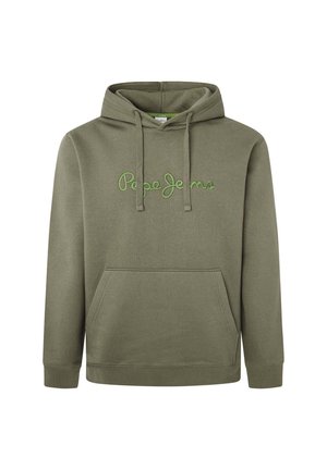Olijfgroen hoodie van zachte stof, met een voorzak, verstelbare trekkoordcapuchon en "Pepe Jeans" geborduurd in felgroen.