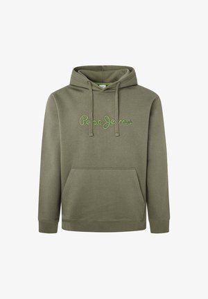 Sudadera verde oliva hecha de un tejido suave, con un bolsillo delantero, capucha ajustable con cordón y "Pepe Jeans" bordado en verde brillante.
