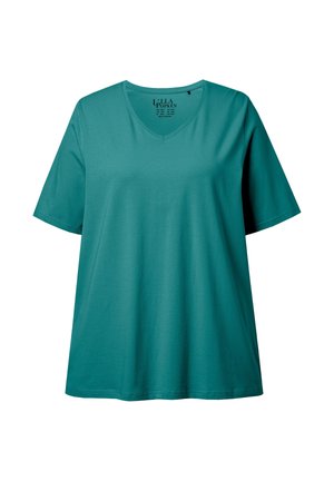 Krótki rękaw, turkusowy T-shirt z dekoltem w serek, o luźnym kroju i jednolitym wzorze, przedstawiony na białym tle.