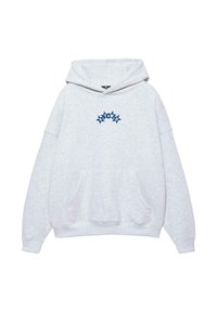 Világosszürke kapucnis pulóver elején zsebfedéllel és kék csillag alakú grafika "STOWO" felirattal a mellkasán.