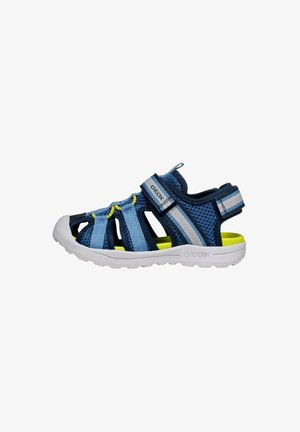 Blue Geox sandal with mesh upper, white sole, adjustable straps, and lime green accents. Features an open design and textured surface.