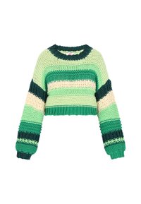 Gekürzter Strickpullover mit abwechselnden Streifen in Grüntönen und Creme. Die strukturierte Wolle verleiht ein grobmaschiges, gemütliches Aussehen.