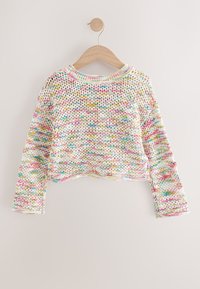 Pull en crochet avec un fil multicolore, coupe ample, encolure ronde et manches longues. Le design présente un motif en filet et des accents vibrants.