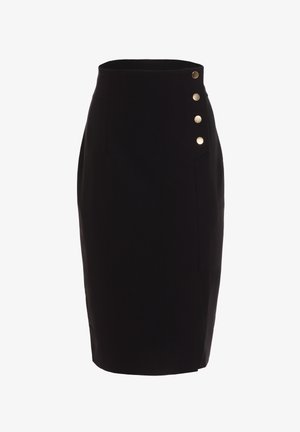 Czarna spódnica ołówkowa z wysokim stanem, z czterema złotymi dekoracyjnymi guzikami po prawej stronie, do kolan, dopasowana sylwetka.