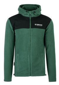 Green fleece jacket with black upper panel, full zipper, adjustable hood, side pockets, and the logo "Spitzbub" on the chest.