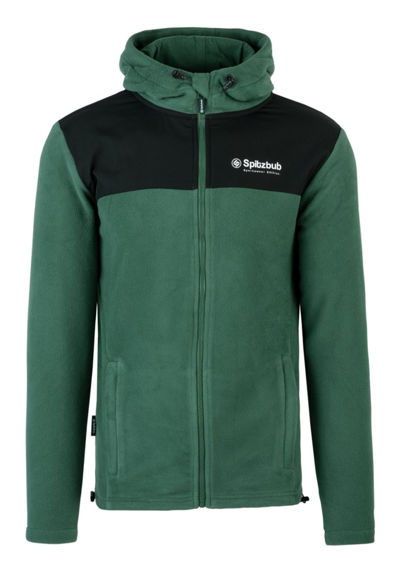 Green fleece jacket with black upper panel, full zipper, adjustable hood, side pockets, and the logo "Spitzbub" on the chest.