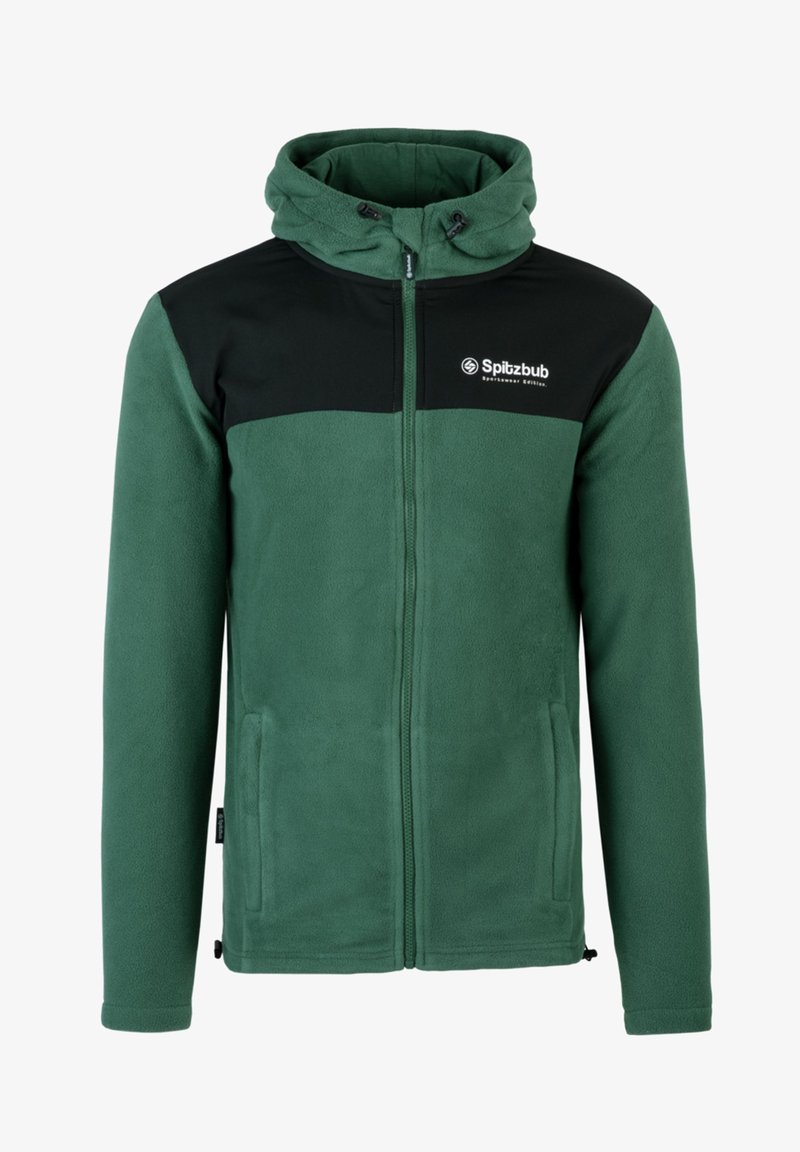 Green fleece jacket with black upper panel, full zipper, adjustable hood, side pockets, and the logo "Spitzbub" on the chest.