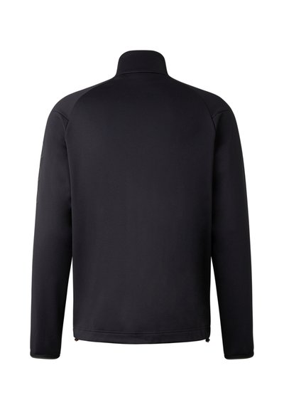 Black fleece zip-up jacket with a high collar, long sleeves, and a smooth texture. Features a tonal logo on the left arm.