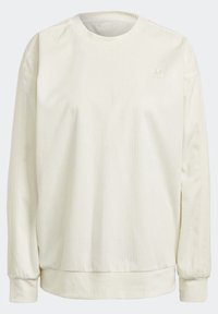 Felpa crema a coste con scollo rotondo, maniche lunghe e polsini elasticizzati. Presenta un piccolo logo in rilievo sul petto.