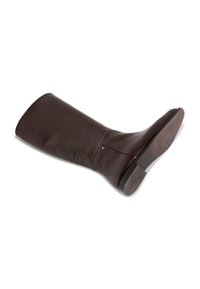 Brown leather knee-high boot with a smooth texture, rounded toe, minimal stitching, and a flat rubber sole. Features a subtle gold accent.