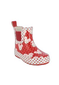 Botte de pluie en caoutchouc rouge avec des motifs de souris blanches et des pois blancs contrastants. Semelle texturée et tirette pour un enfilage facile.