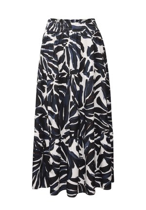 Schwarz-weißer, gestufter Rock mit einem auffälligen Blattmuster, elastischem Bund und leichtem Stoff. Die Länge reicht bis zur Mitte der Wade.