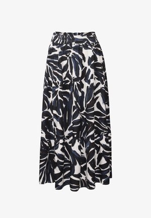 Zwart-witte gelaagde rok met een opvallend bladenpatroon, elastische tailleband en lichtgewicht stof. De lengte reikt tot halverwege het onderbeen.