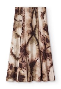 Jupe midi évasée à taille haute avec un motif tie-dye marron et beige et un design abstrait subtil.