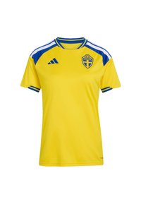 Gelbes Sporttrikot mit blauen Akzenten an den Schultern, zeigt das Adidas-Logo und das schwedische Wappen, aus atmungsaktivem Stoff gefertigt, kurzärmlig.