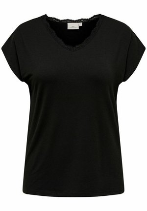 Blouse noire à manches courtes avec col en V bordé de dentelle et coupe relax.