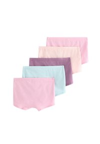 Fem par bomullsshorts i pastellfärger: rosa, ljusrosa, ljusblå, lavendel och mörklila. Varje shorts har en elastisk midja.