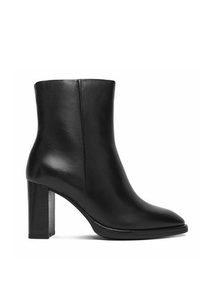 Schwarzer Leder-Stiefelette mit Blockabsatz und glatter Oberfläche, entworfen für Damenmode.