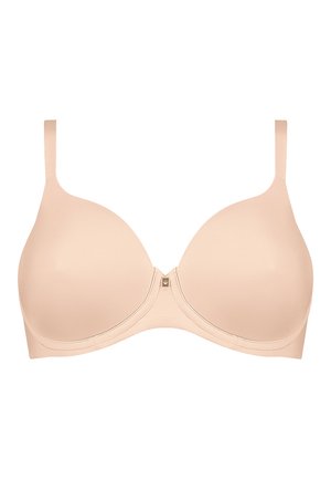 Naadloze gepadde bh met verstelbare bandjes, gemaakt van soepel stof en met een licht gebogen vorm. De versiering in het midden voegt een subtiele detail toe.