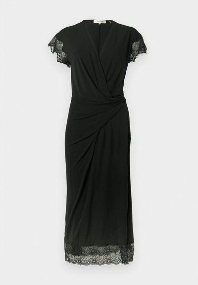 Čierne šaty so zavinovacím dizajnom, krátkymi čipkovými rukávmi a čipkovaným lemom. Vyrobené z hladkej tkaniny s ležérnou siluetou.
