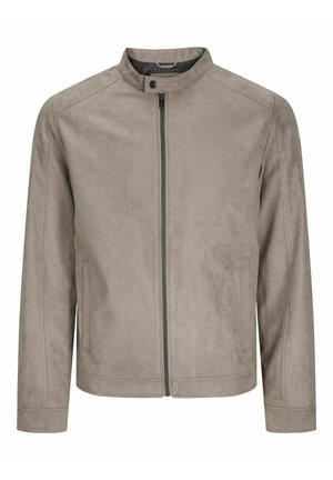 Graue Kunstsuedejacke mit Stehkragen, Frontreißverschluss und zwei seitlichen Taschen. Verfügt über eine taillierte Passform und eine glatte Textur.