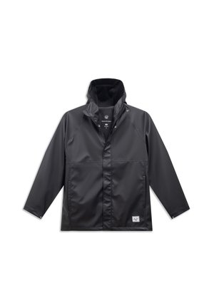 Schwarze wasserdichte Jacke mit hohem Kragen, Reißverschluss vorne und Druckknöpfen. Aus glattem, strapazierfähigem Material mit einem Logopatch gefertigt.