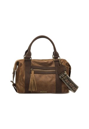 Braune Wildlederhandtasche mit zwei dunkelbraunen Griffen, Frontreißverschlusstasche mit Quaste und abnehmbarem dekorativem Blumen-Schulterriemen.